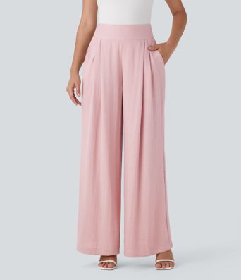 High Waisted Wide Leg Work Linen-Feel Pants with Side Pockets