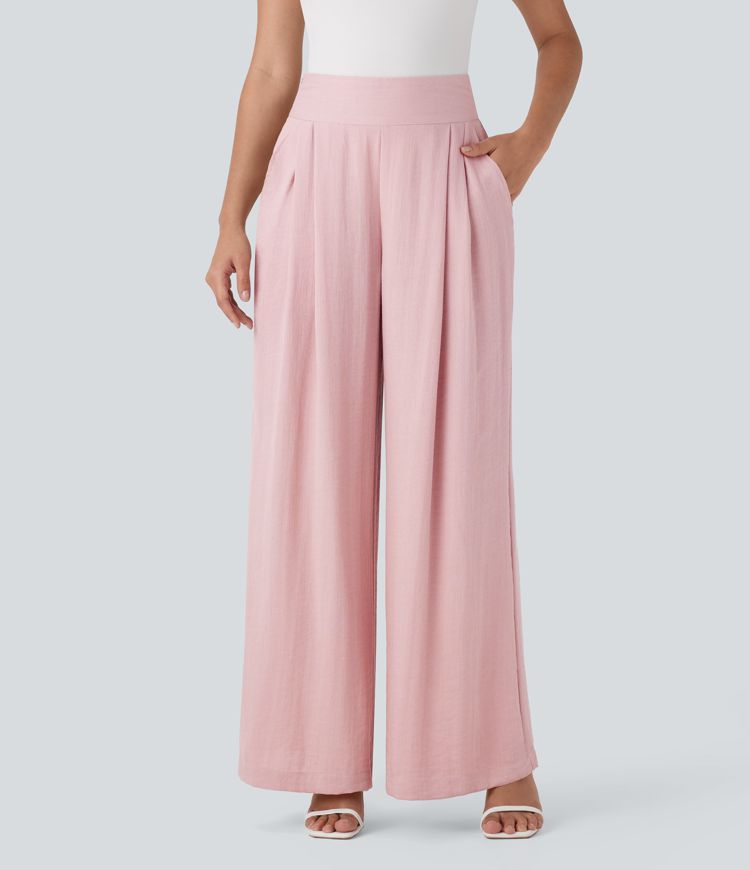 High Waisted Wide Leg Work Linen-Feel Pants with Pockets