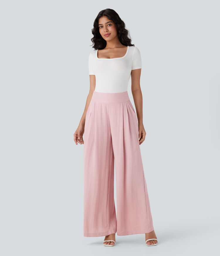 High Waisted Wide Leg Work Linen-Feel Pants with Side Pockets