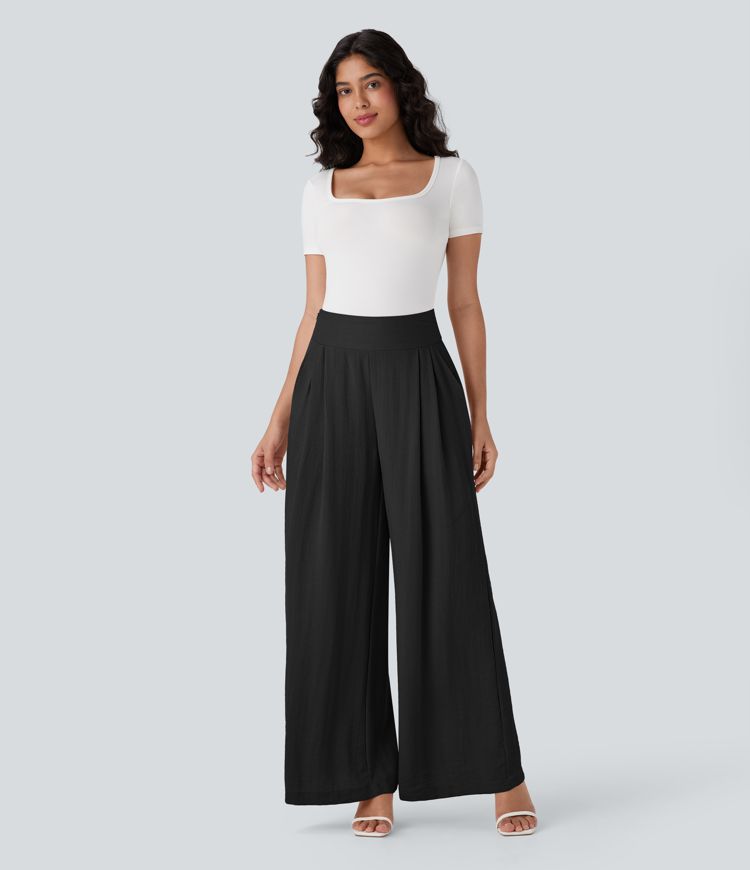 High Waisted Wide Leg Work Linen-Feel Pants with Pockets