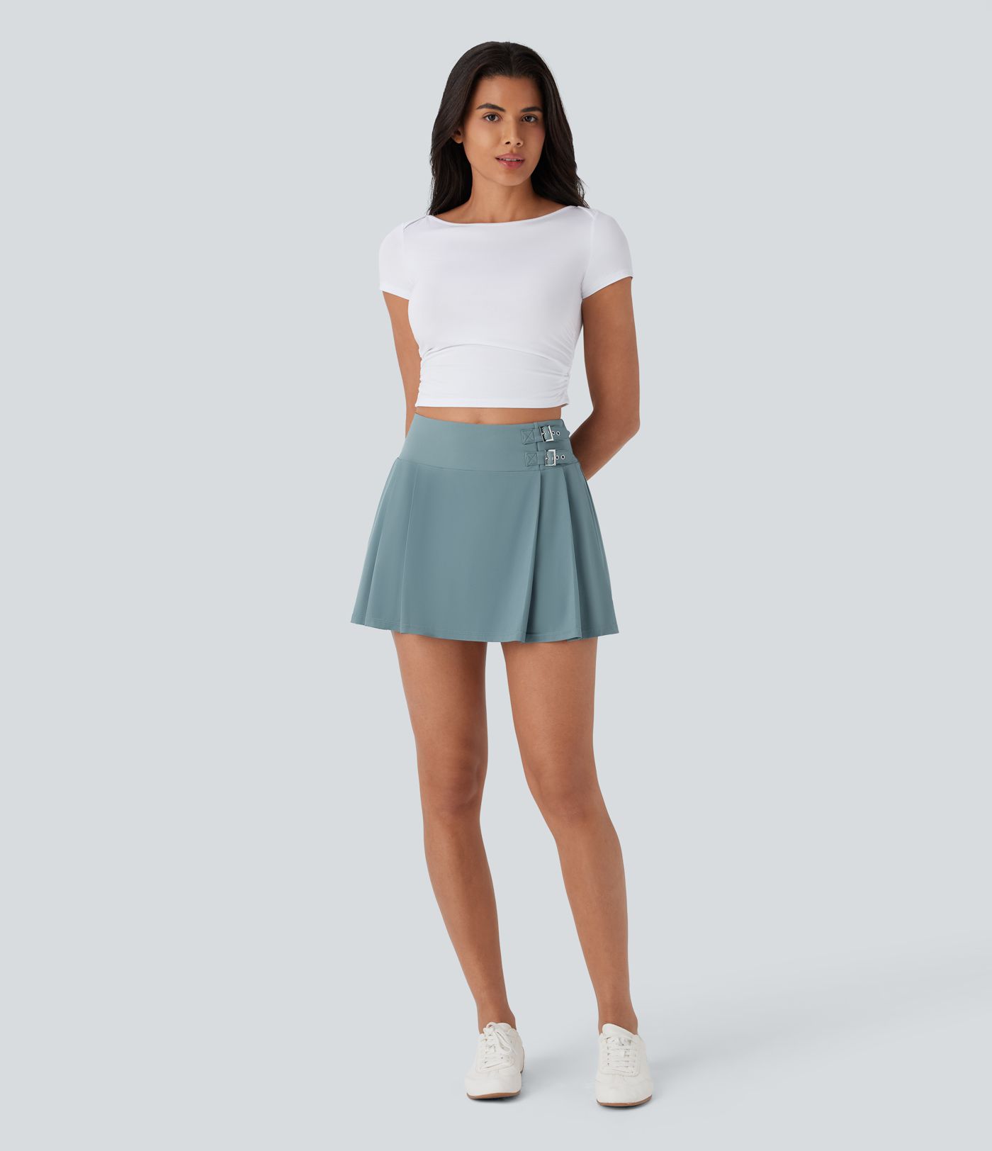 Breezeful™ Hoch taillierter, unsichtbarer Reißverschluss, dekorative Schnalle, 2-in-1-Plissee-Minirock, schnelltrocknend