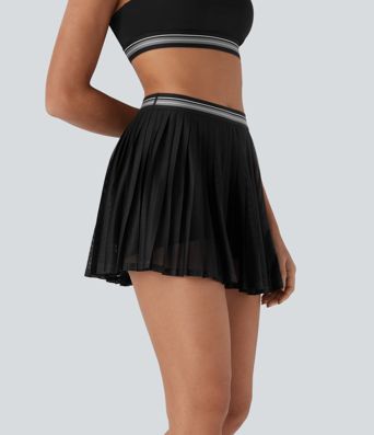 Falda Corta de Tenis de Cintura Alta con Bloque de Color 2 en 1, Bolsillo Recortado, Plisada, Tacto Fresco y Secado Rápido