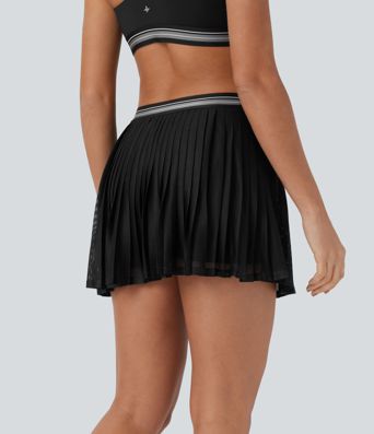 Falda Corta de Tenis de Cintura Alta con Bloque de Color 2 en 1, Bolsillo Recortado, Plisada, Tacto Fresco y Secado Rápido