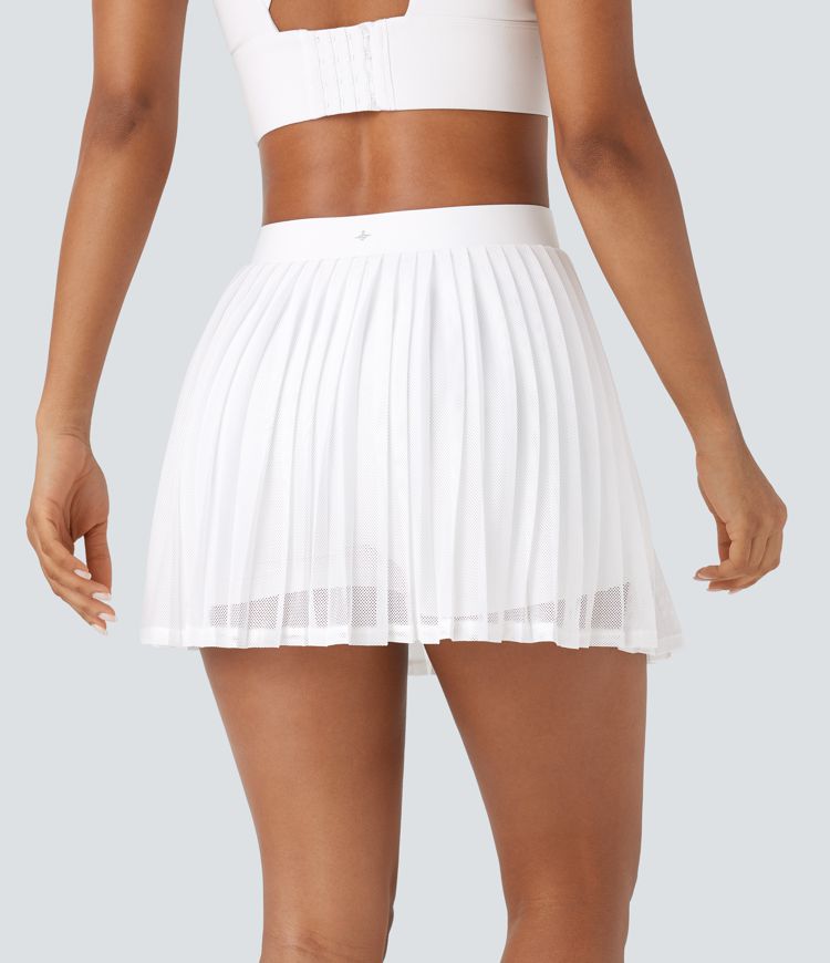 High Waisted Pleated Contrast Mesh 2-in-1 Pocket Mini Tennis Skirt