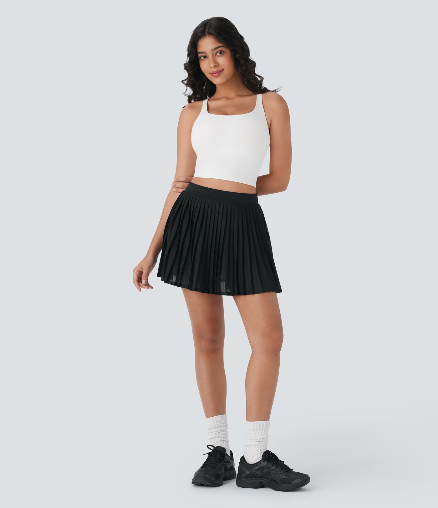High Waisted Pleated Contrast Mesh 2-in-1 Side Pocket Mini Tennis Skirt