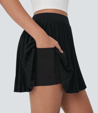 High Waisted Pleated Contrast Mesh 2-in-1 Side Pocket Mini Tennis Skirt
