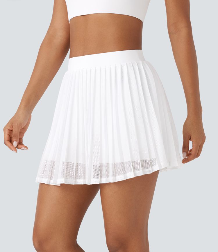 High Waisted Pleated Contrast Mesh 2-in-1 Pocket Mini Tennis Skirt