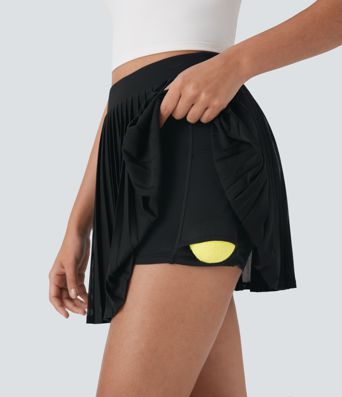 High Waisted Pleated Contrast Mesh 2-in-1 Side Pocket Mini Tennis Skirt