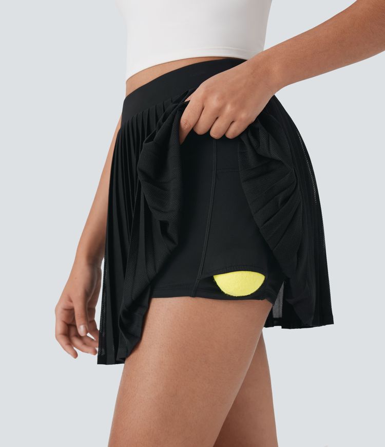 High Waisted Pleated Contrast Mesh 2-in-1 Side Pocket Mini Tennis Skirt