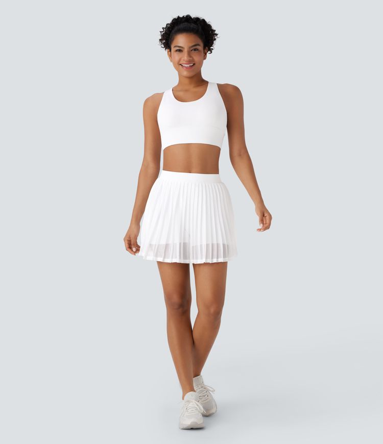 High Waisted Pleated Contrast Mesh 2-in-1 Pocket Mini Tennis Skirt