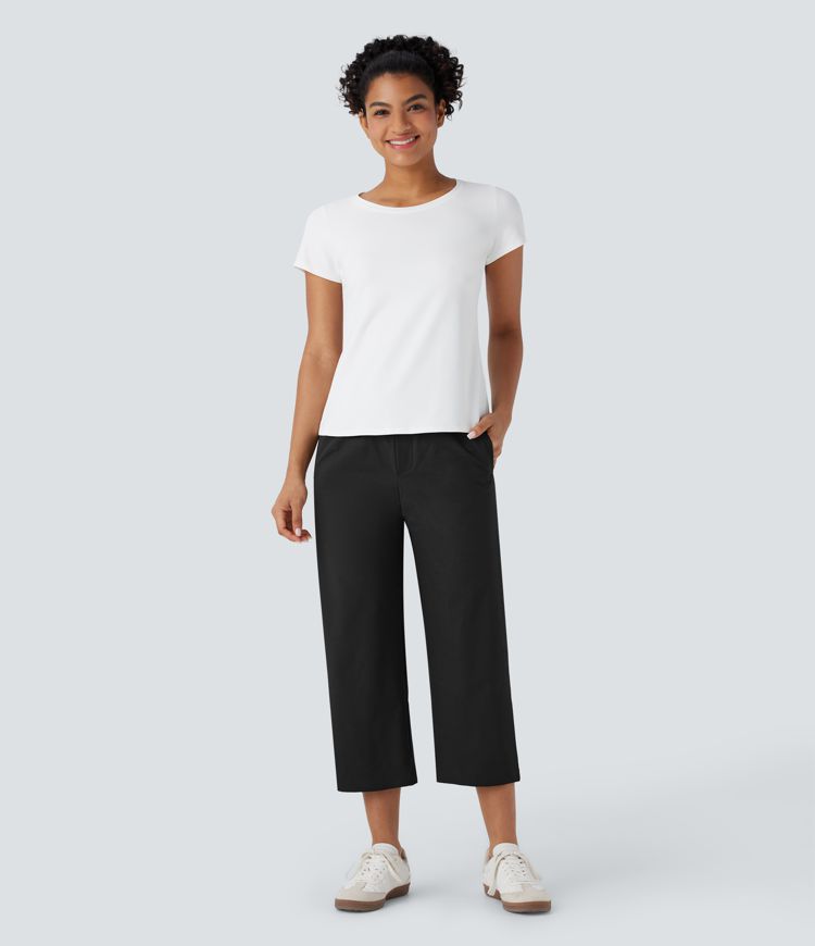 Hohe Taille Gerade Bein Capri Freizeithose mit Taschen