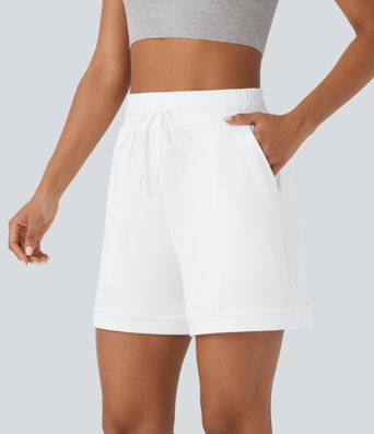 High Waisted Drawstring Pocket Yoga Sweat Shorts