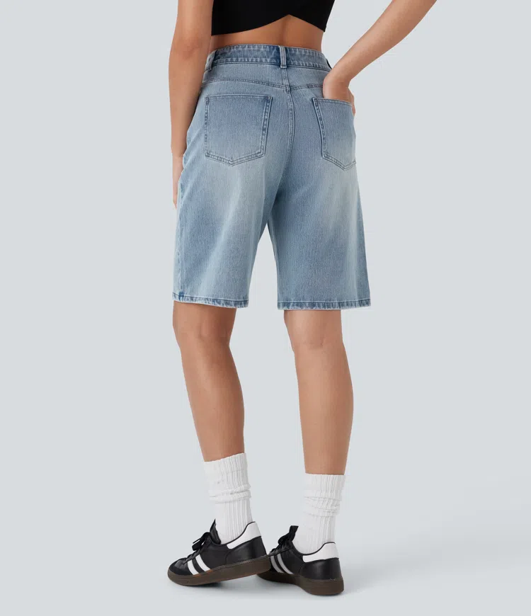 Halara Flex™ High Waisted Multiple Pockets Washed Stretchy Knit Denim Casual Bermuda Shorts