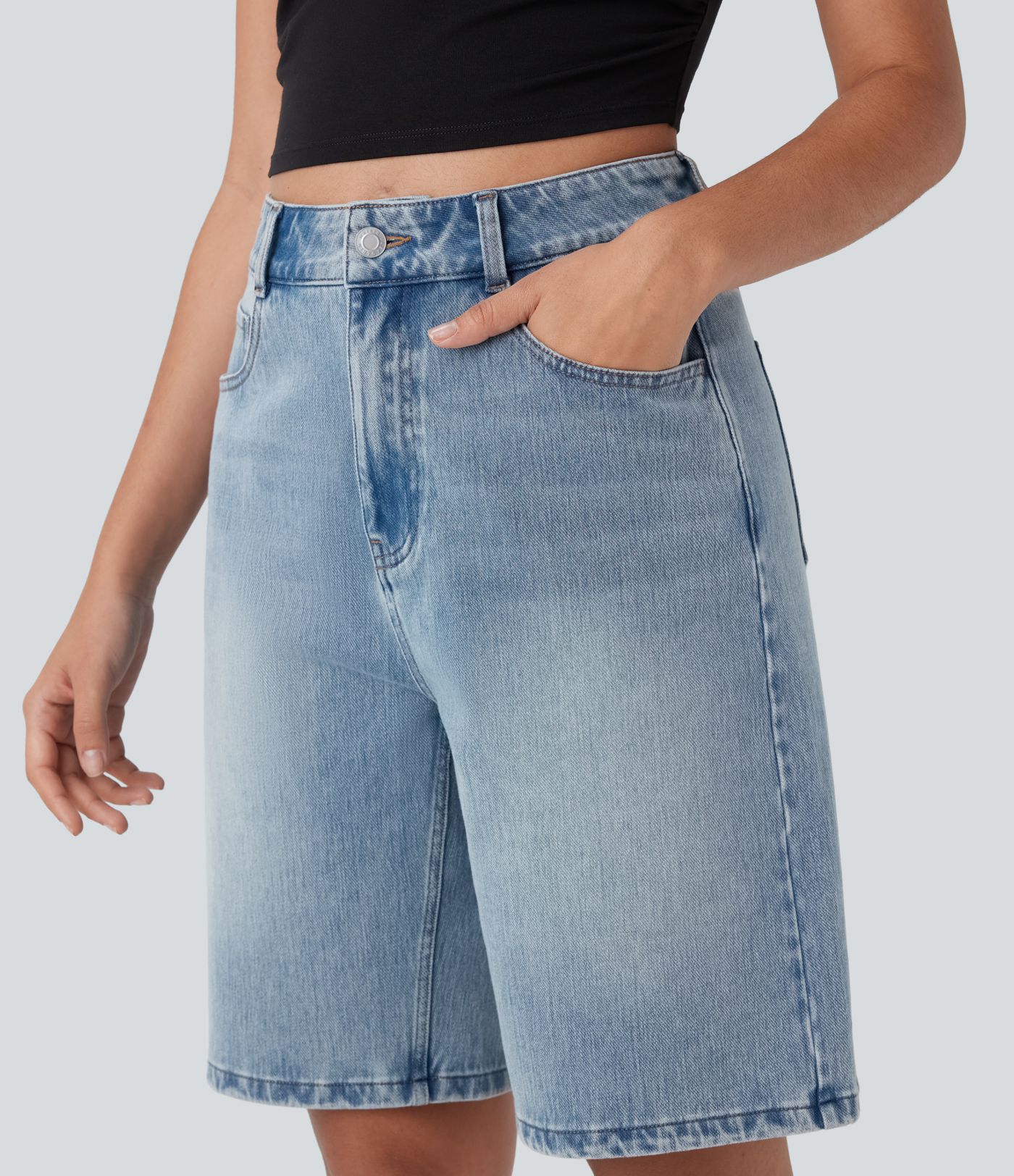 Halara Flex™ High Waisted Pockets Washed Denim Casual Bermuda Shorts