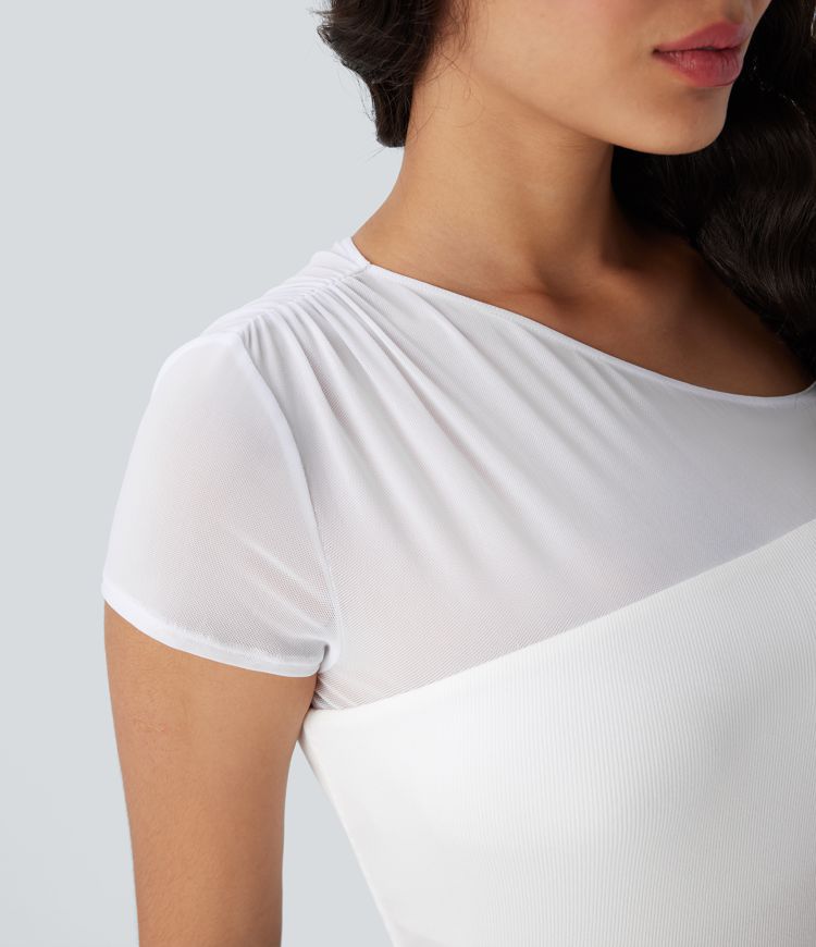 Ribbed One Shoulder Short Sleeve Contrast Mesh Casual Top