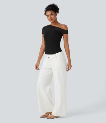 Ribbed One Shoulder Short Sleeve Contrast Mesh Casual Top