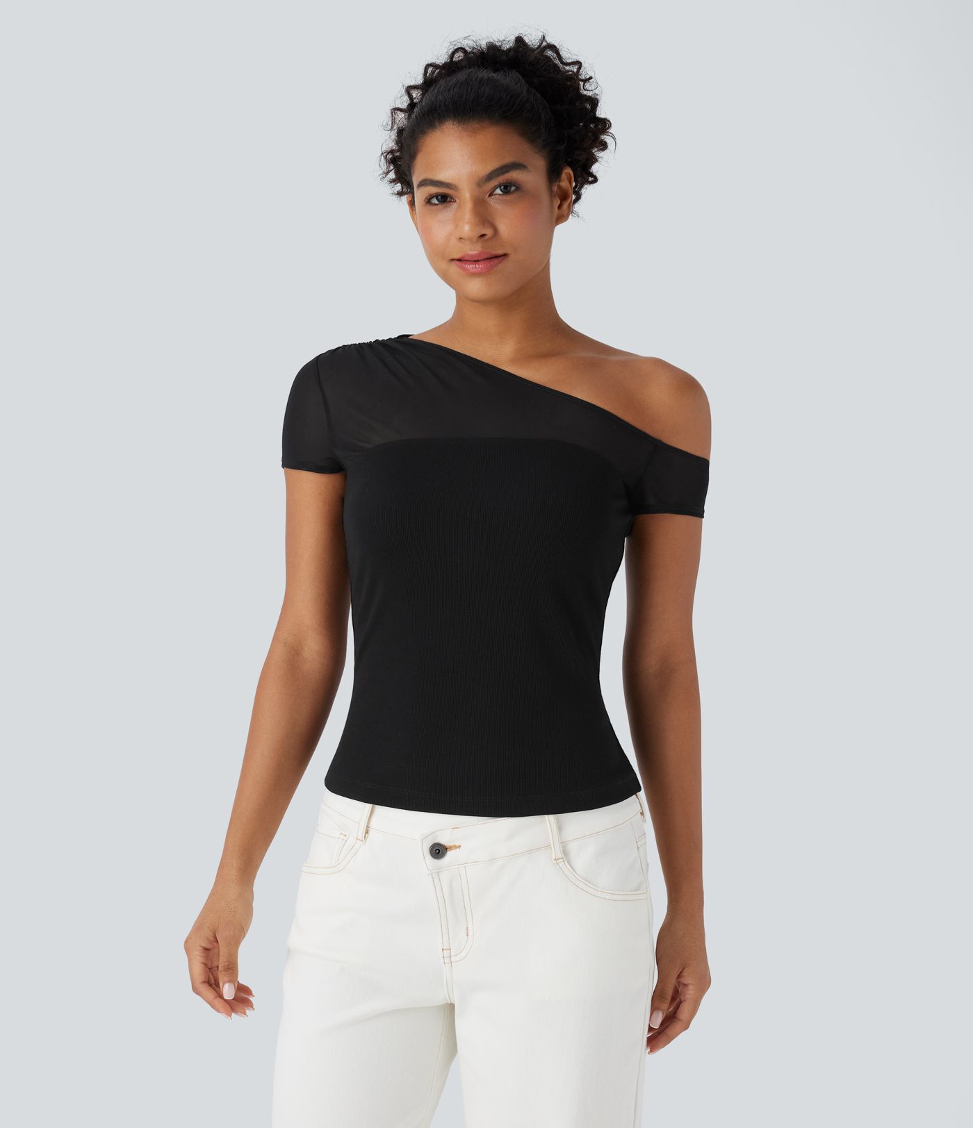Ribbed One Shoulder Short Sleeve Contrast Mesh Casual Top