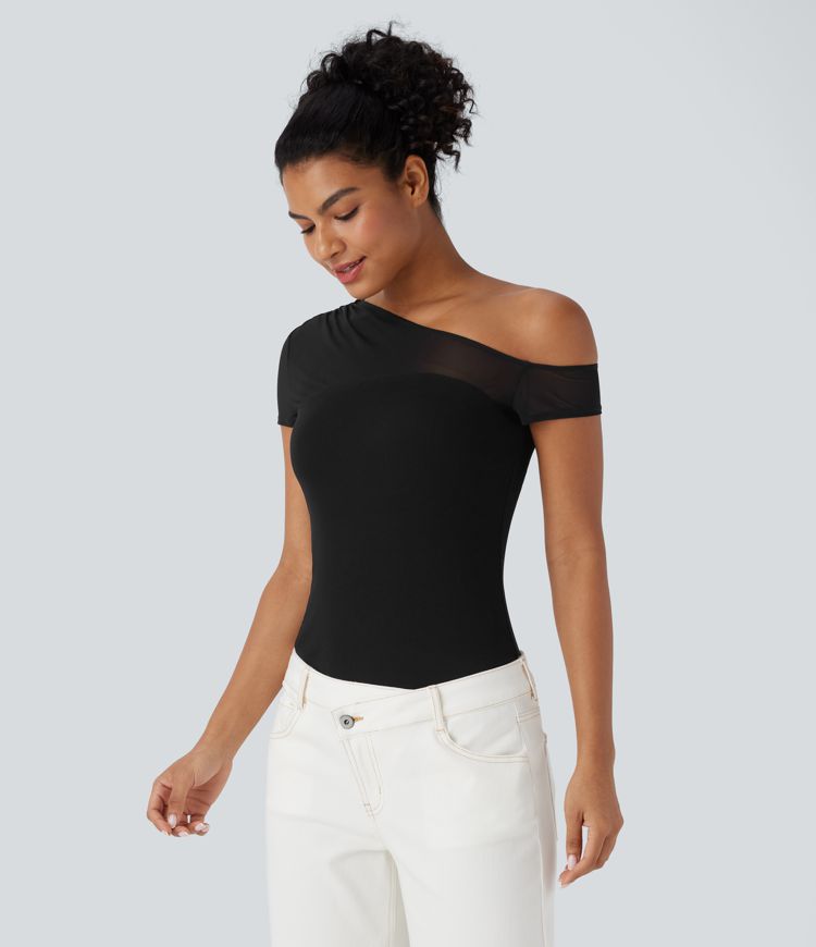 Ribbed One Shoulder Short Sleeve Contrast Mesh Casual Top