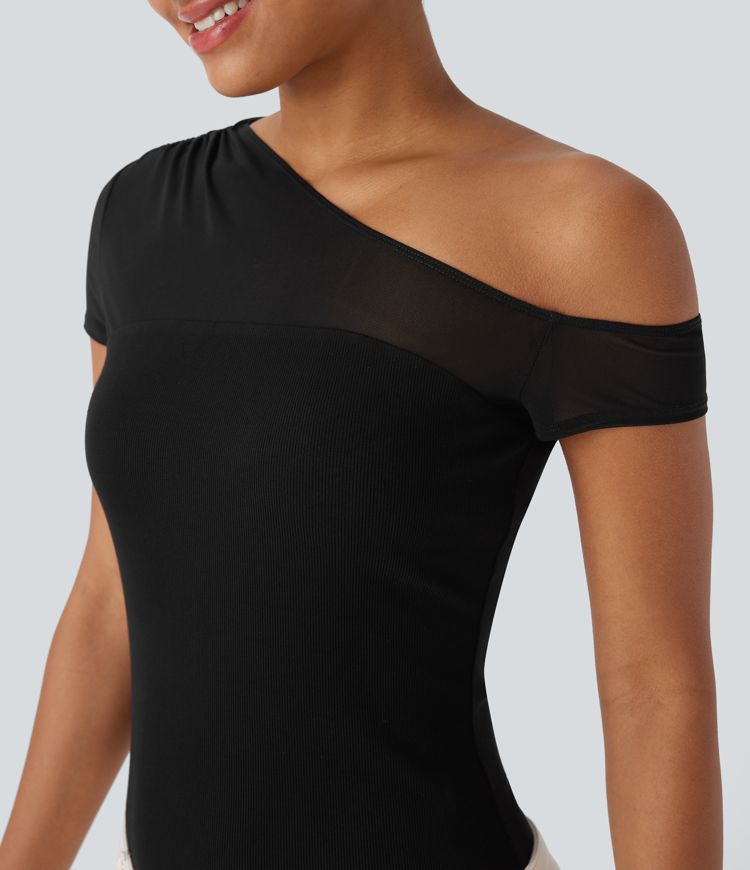 Ribbed One Shoulder Short Sleeve Contrast Mesh Casual Top