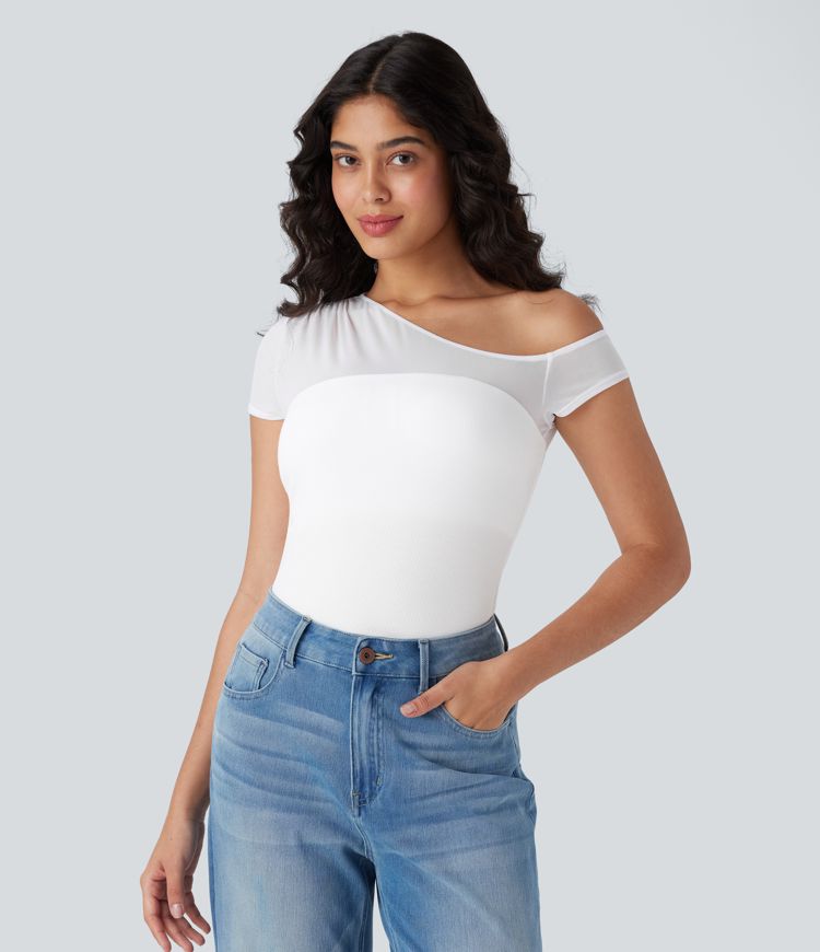 Ribbed One Shoulder Short Sleeve Contrast Mesh Casual Top