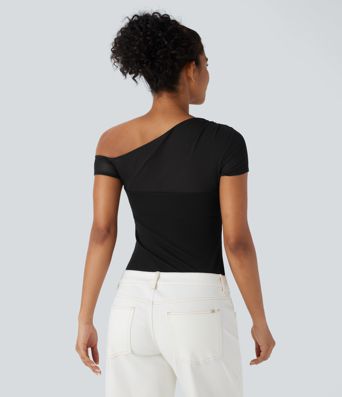 Ribbed One Shoulder Short Sleeve Contrast Mesh Casual Top