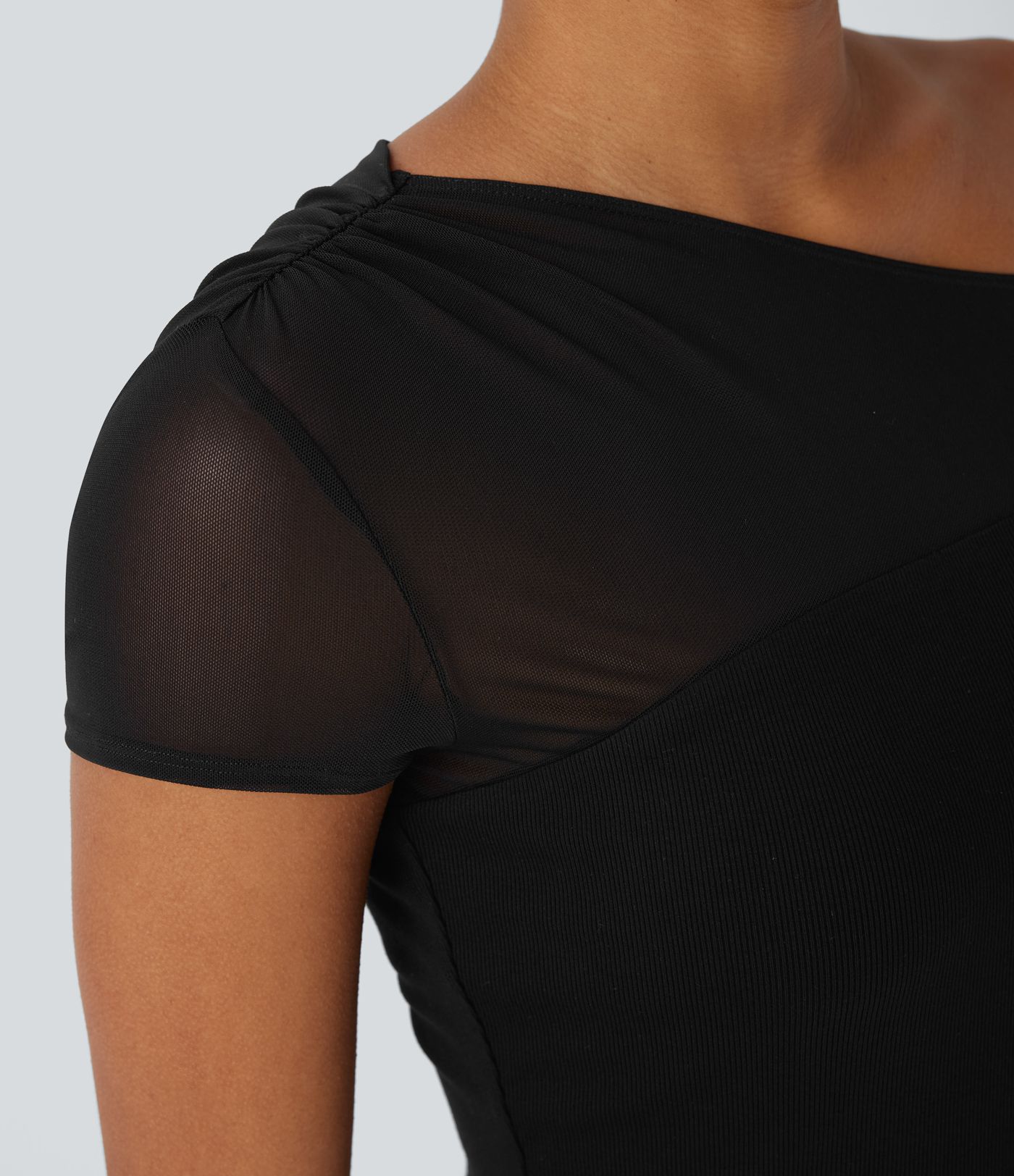 Ribbed One Shoulder Short Sleeve Contrast Mesh Casual Top