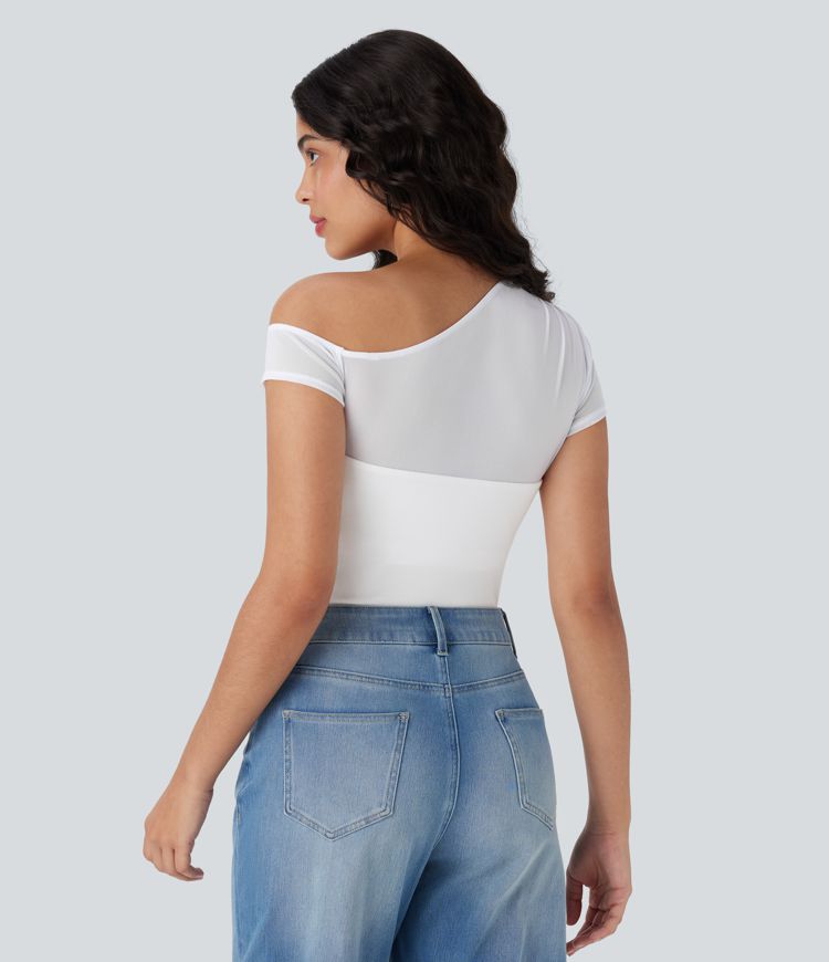 Ribbed One Shoulder Short Sleeve Contrast Mesh Casual Top