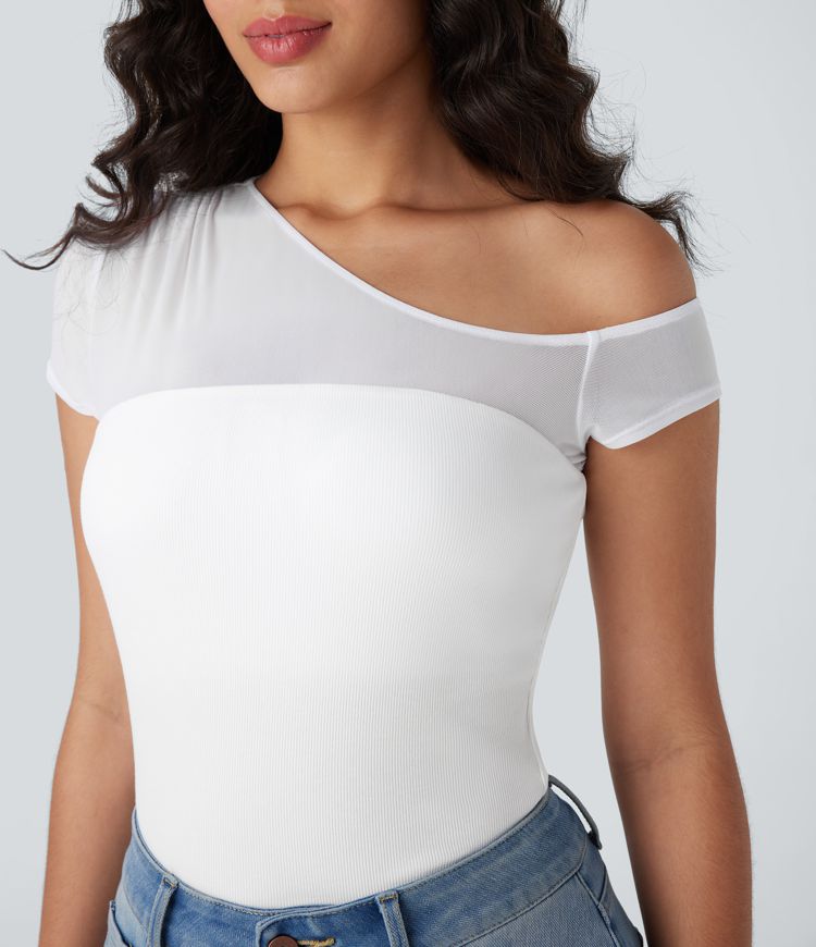 Ribbed One Shoulder Short Sleeve Contrast Mesh Casual Top