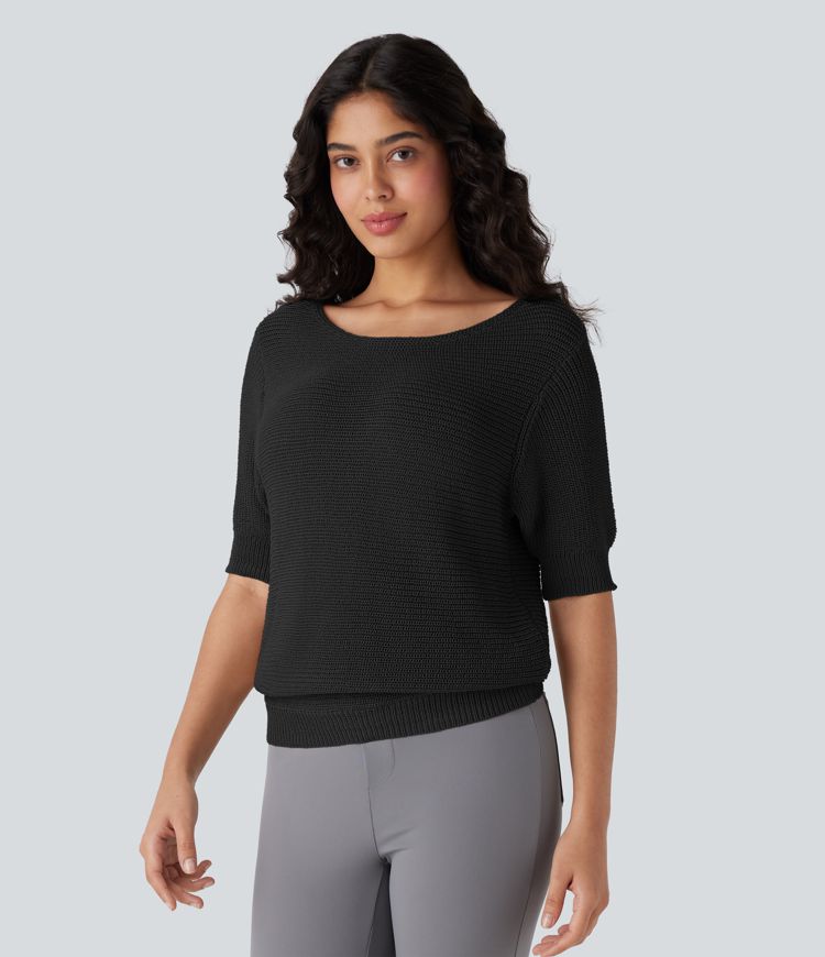 Ausschnitt-Arbeits-Pullover mit halben Ärmeln