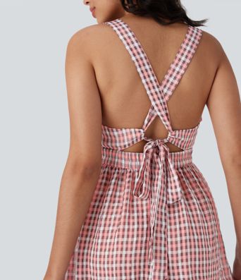 Crisscross Backless Tie Back Invisible Zipper Ruffle Hem Plaid Flowy Maxi Casual Dress