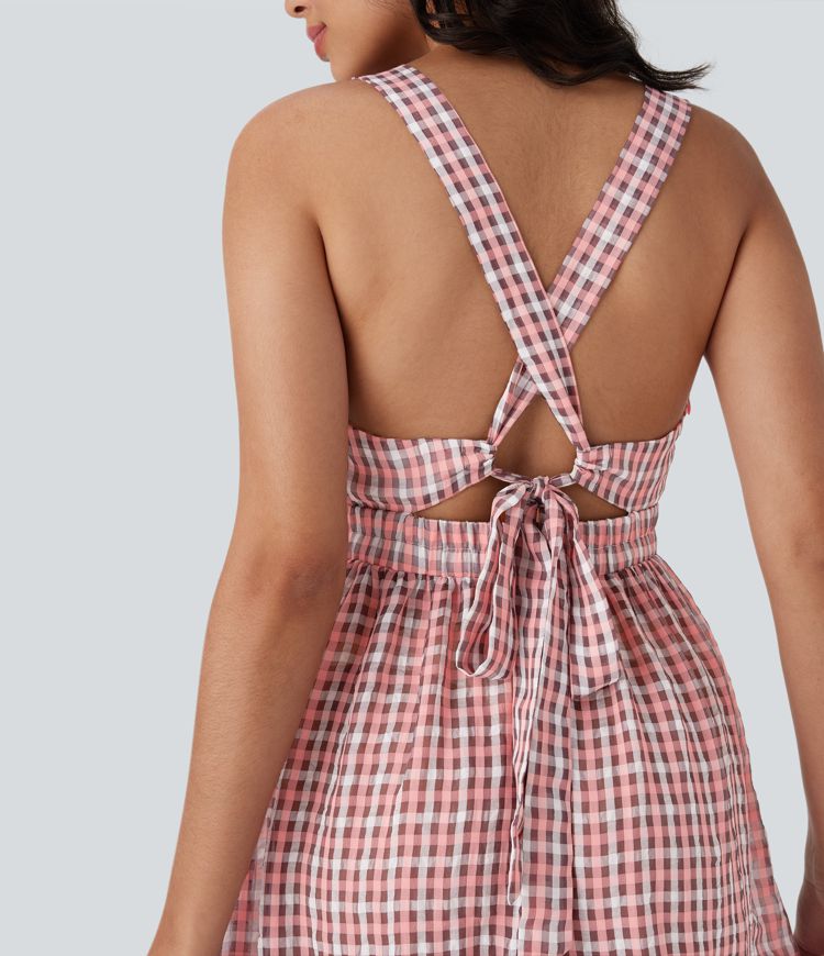 Crisscross Backless Tie Back Invisible Zipper Ruffle Hem Plaid Flowy Maxi Casual Dress
