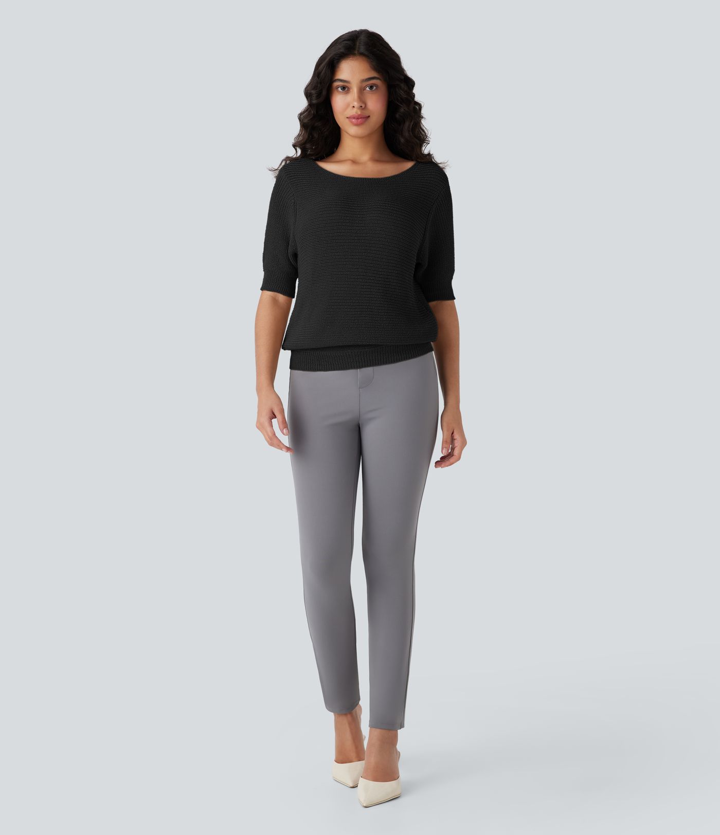 Ausschnitt-Arbeits-Pullover mit halben Ärmeln