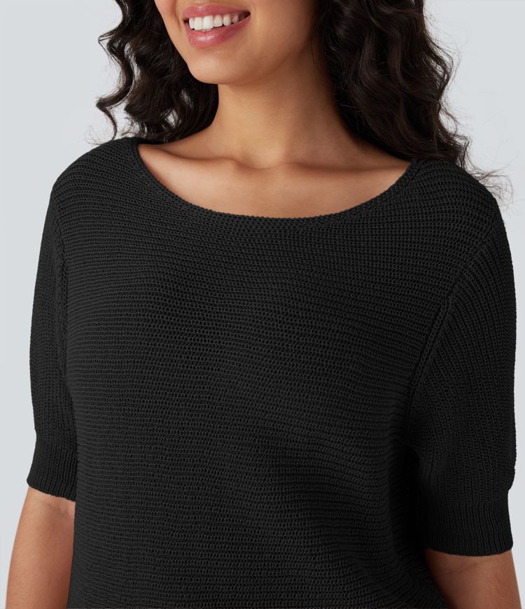 Ausschnitt-Arbeits-Pullover mit halben Ärmeln