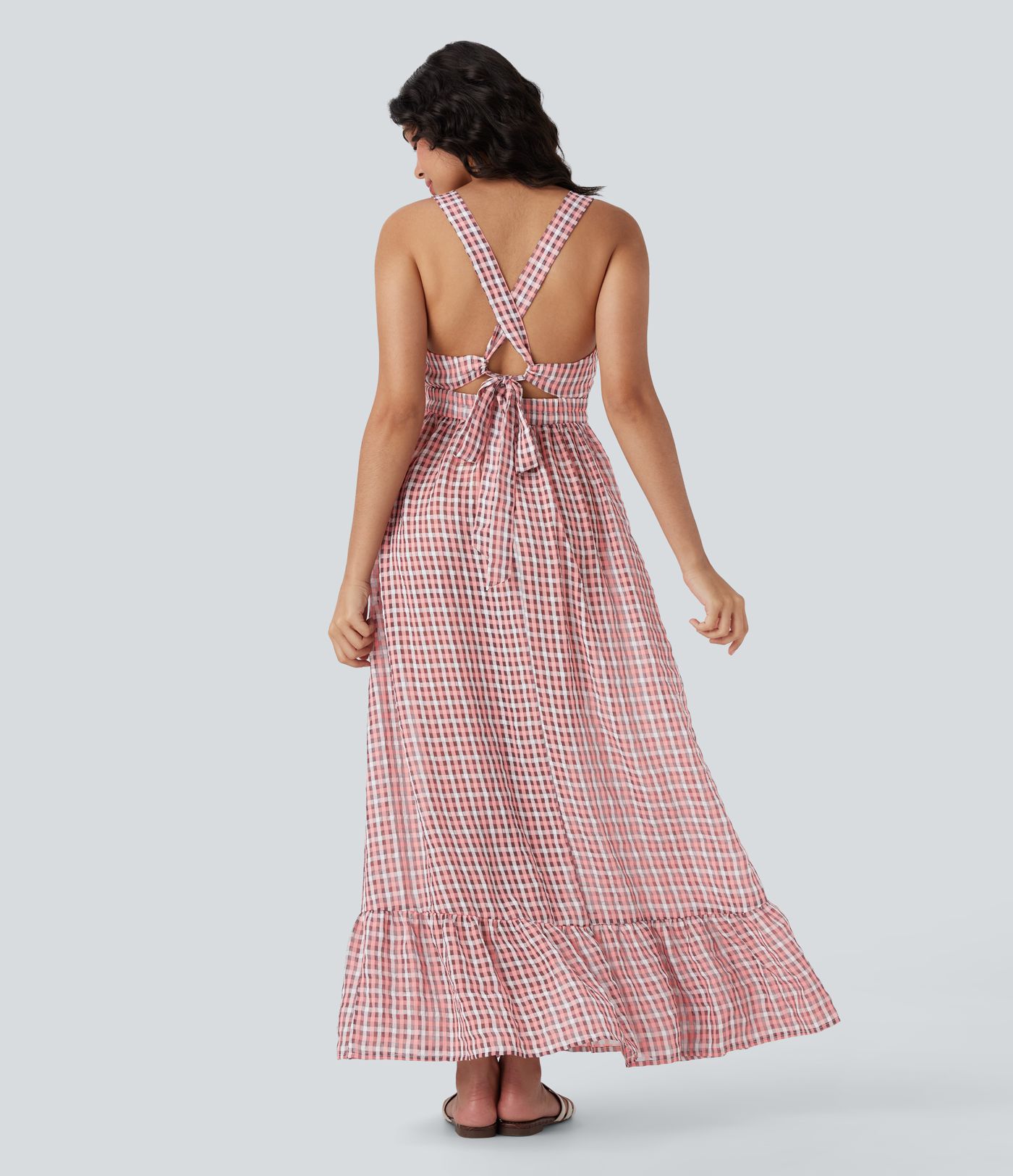 Crisscross Backless Tie Back Invisible Zipper Ruffle Hem Plaid Flowy Maxi Casual Dress