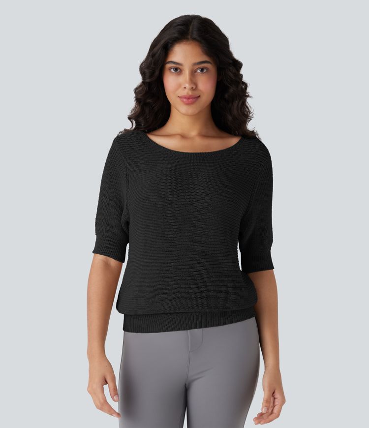 Scoop Neck Half Sleeve Work Sweater