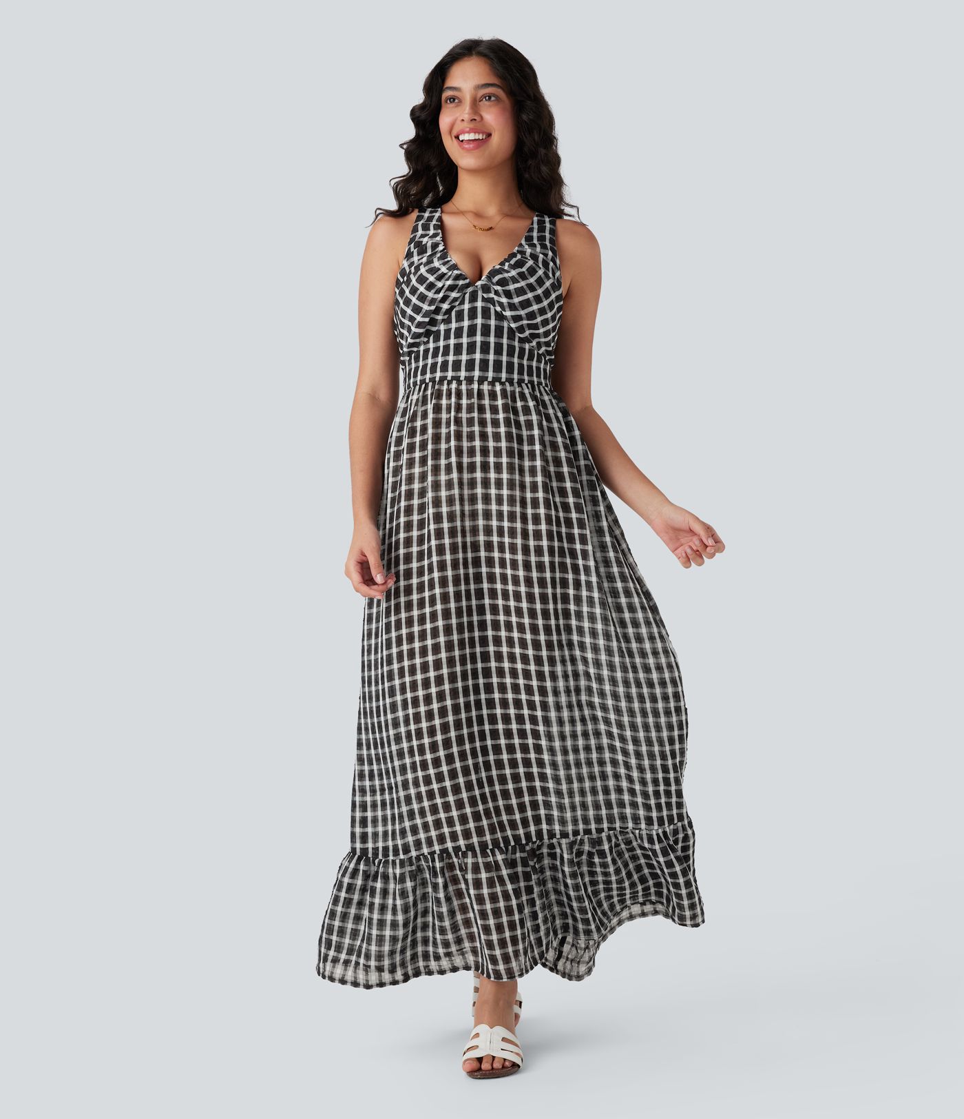 Fließendes, rückenfreies Freizeit-Maxikleid mit überkreuzten Trägern, unsichtbarem Reißverschluss, Karomuster und Rüsschensaum