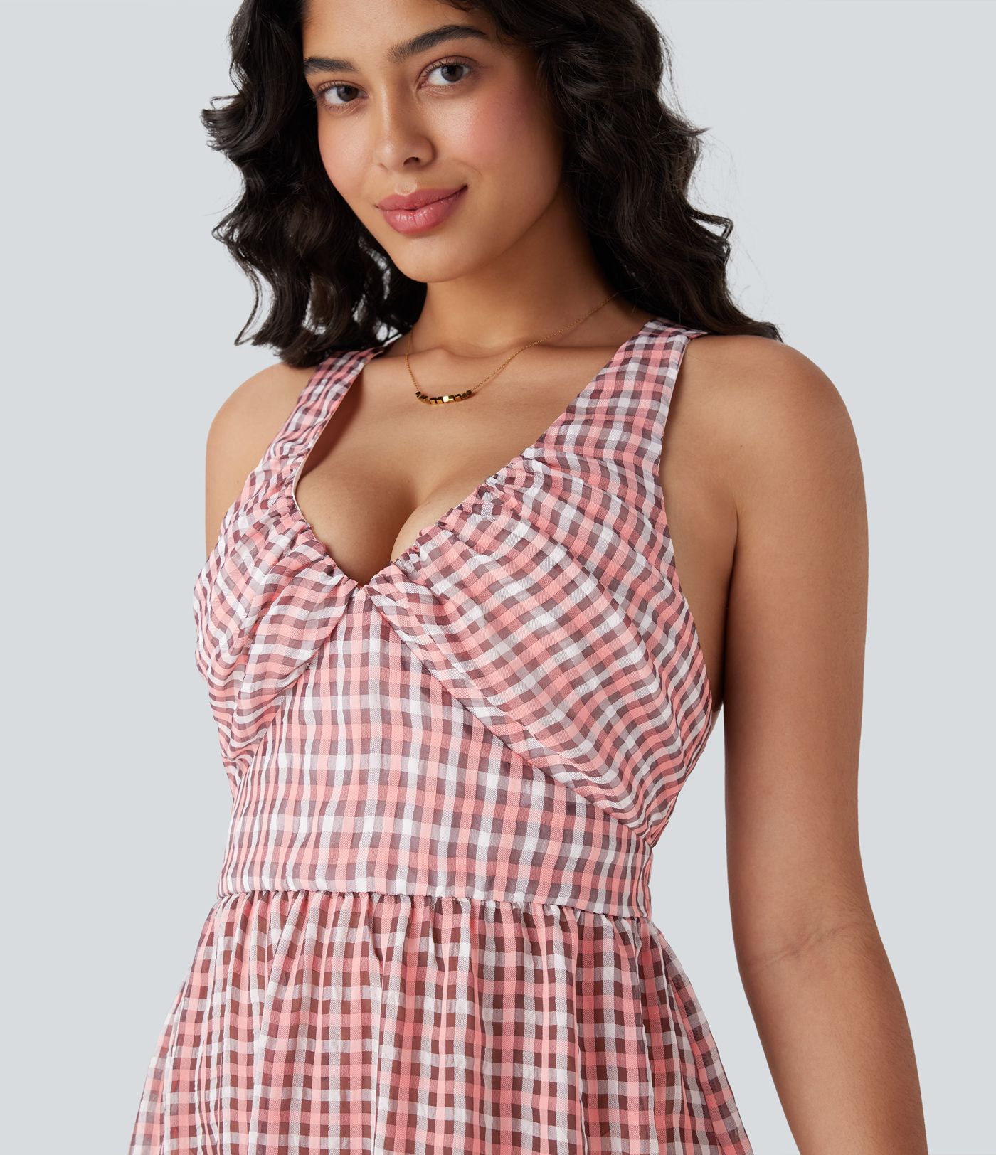 Crisscross Backless Tie Back Invisible Zipper Ruffle Hem Plaid Flowy Maxi Casual Dress
