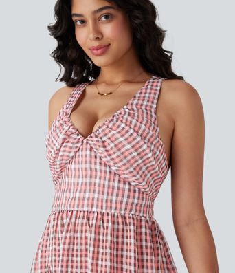 Crisscross Backless Tie Back Invisible Zipper Ruffle Hem Plaid Flowy Maxi Casual Dress