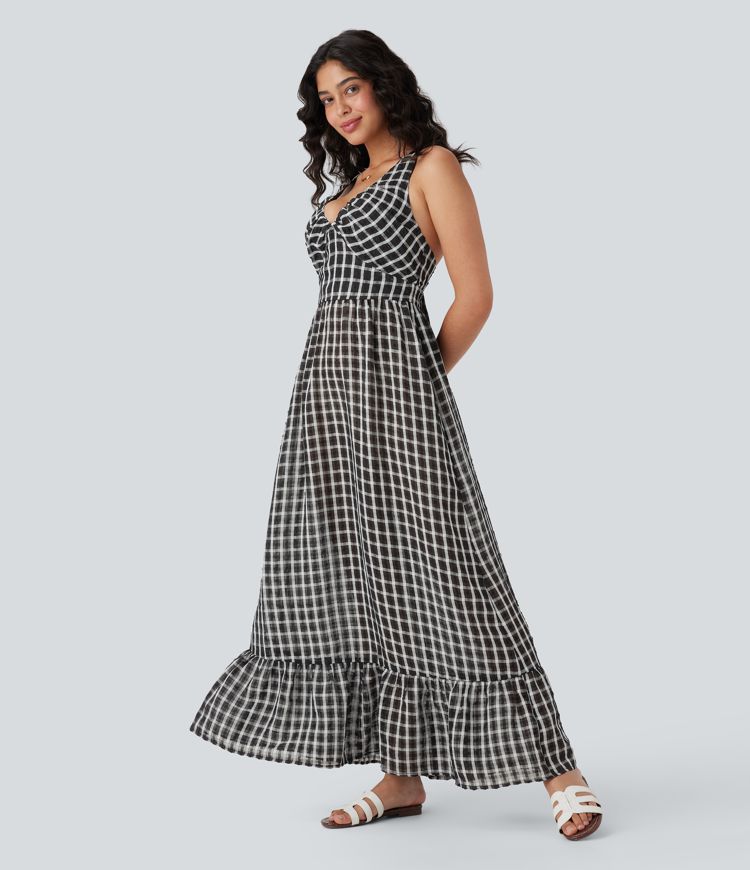 Fließendes, rückenfreies Freizeit-Maxikleid mit überkreuzten Trägern, unsichtbarem Reißverschluss, Karomuster und Rüsschensaum