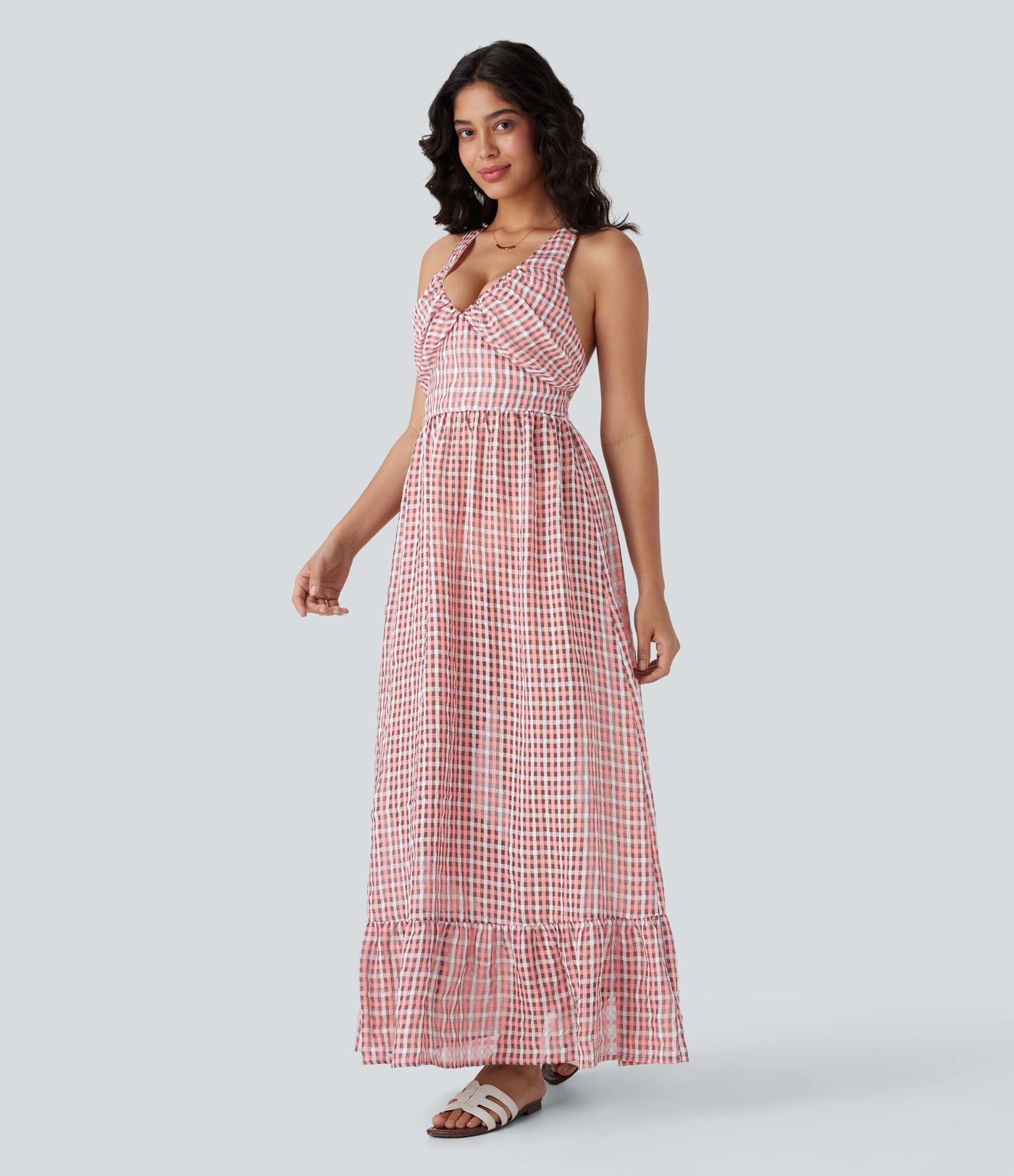 Crisscross Backless Tie Back Invisible Zipper Ruffle Hem Plaid Flowy Maxi Casual Dress