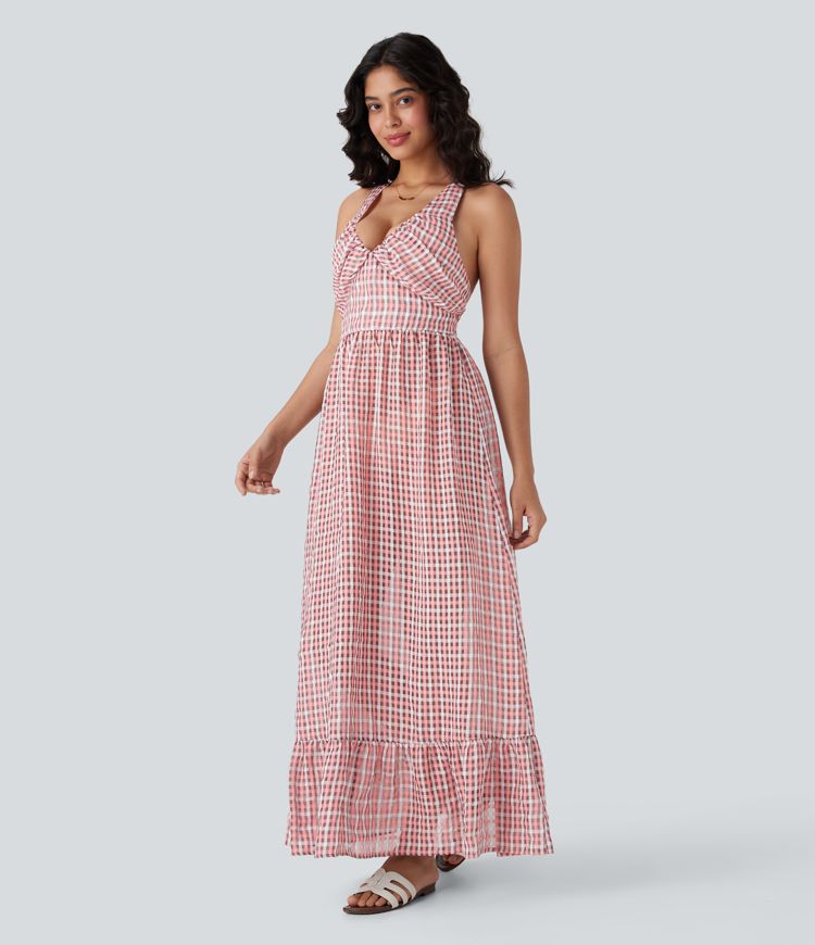 Crisscross Backless Tie Back Invisible Zipper Ruffle Hem Plaid Flowy Maxi Casual Dress