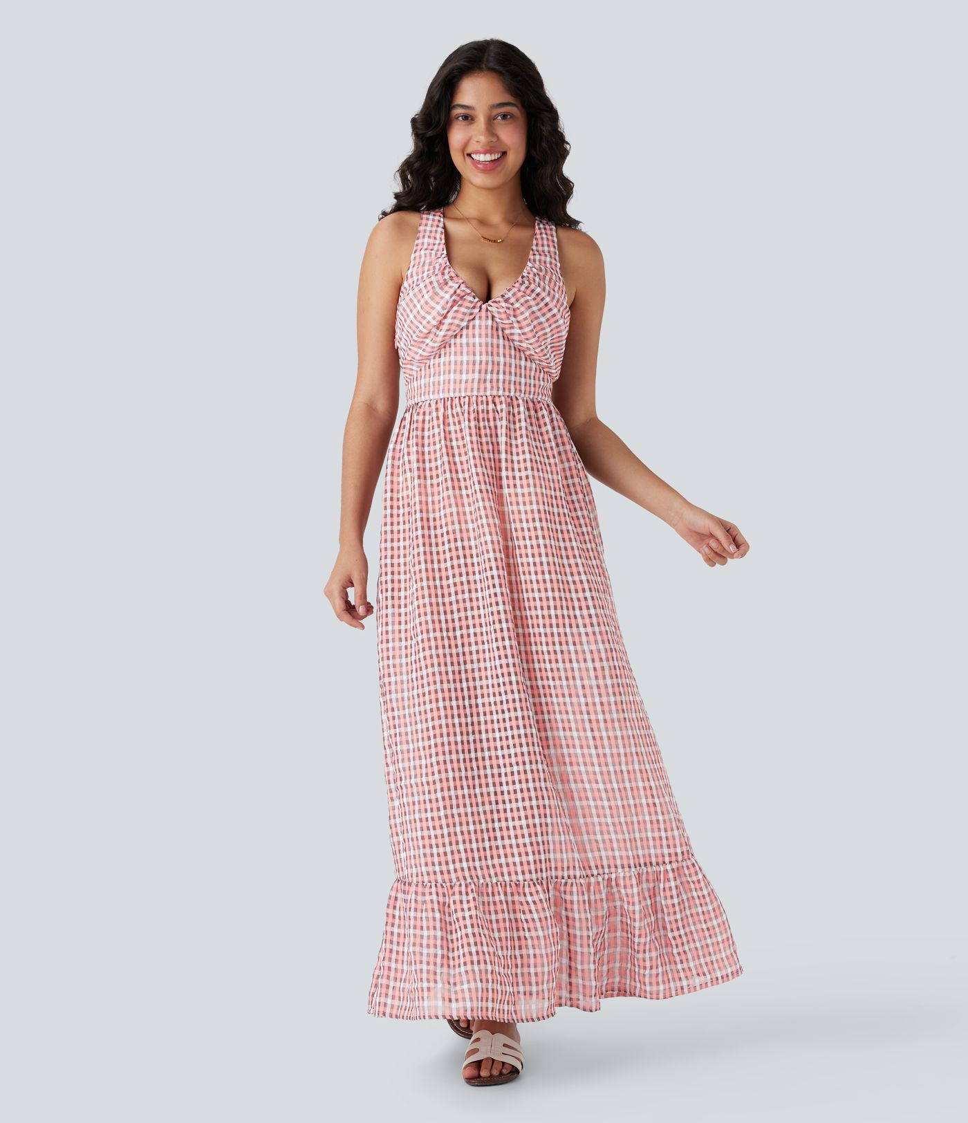 Crisscross Backless Tie Back Invisible Zipper Ruffle Hem Plaid Flowy Maxi Casual Dress
