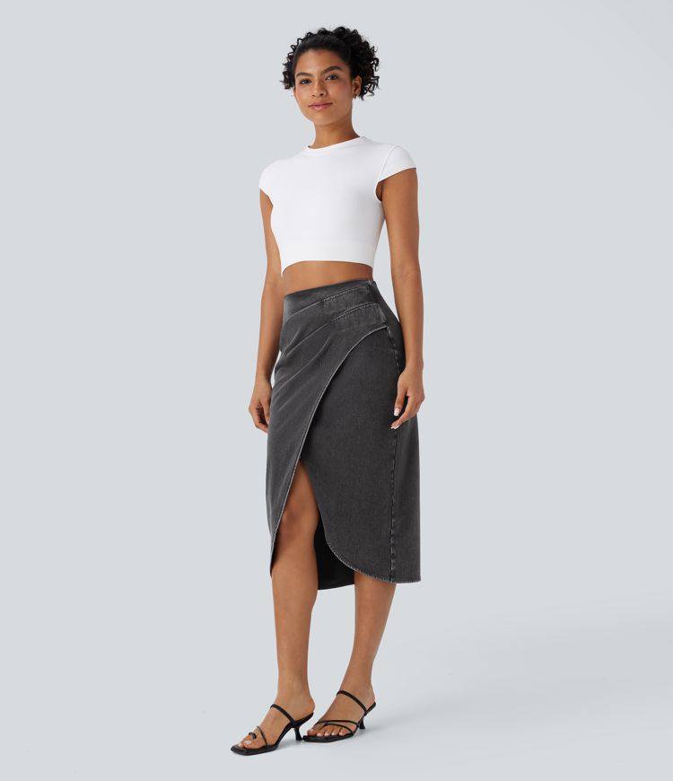 Halara Flex™ High Waisted Back Zipper Ruched Tulip Hem Midi Washed Denim Casual Skirt