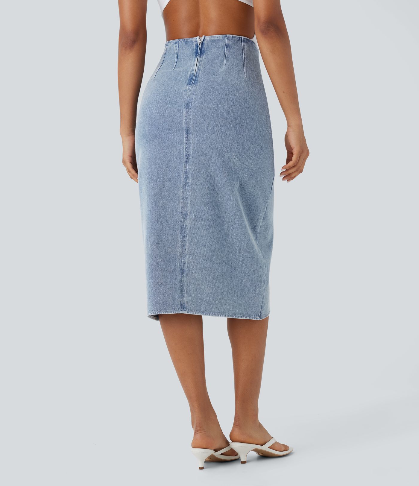 Jupe en jean décontractée mi-longue Halara Flex™ à taille haute, fermeture éclair arrière, froncée, ourlet tulipe lavée