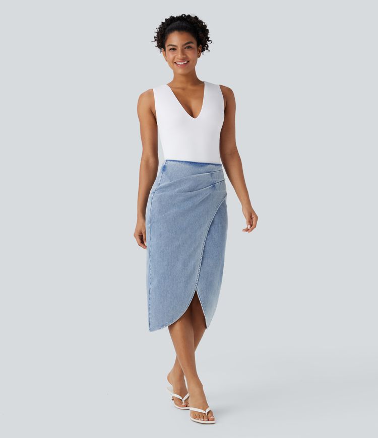 Halara Flex™ High Waisted Back Zipper Ruched Tulip Hem Midi Washed Denim Casual Skirt