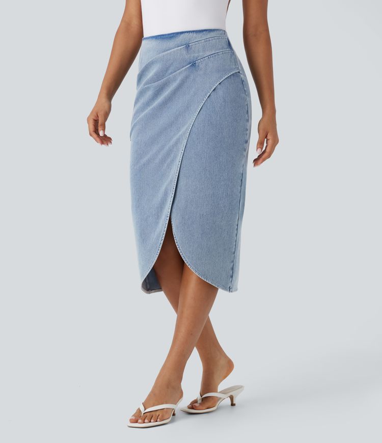 Halara Flex™ High Waisted Back Zipper Ruched Tulip Hem Midi Washed Denim Casual Skirt