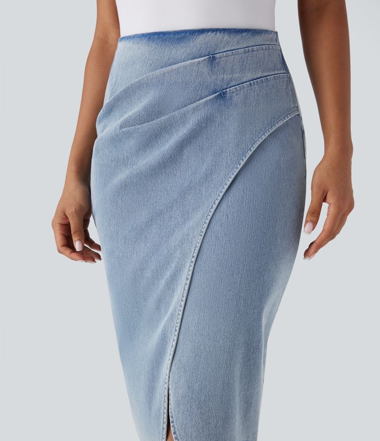 Halara Flex™ High Waisted Back Zipper Ruched Tulip Hem Midi Washed Denim Casual Skirt