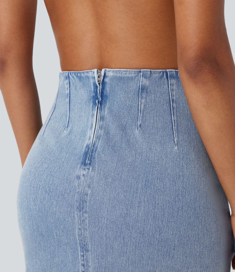 Halara Flex™ High Waisted Back Zipper Ruched Tulip Hem Midi Washed Denim Casual Skirt