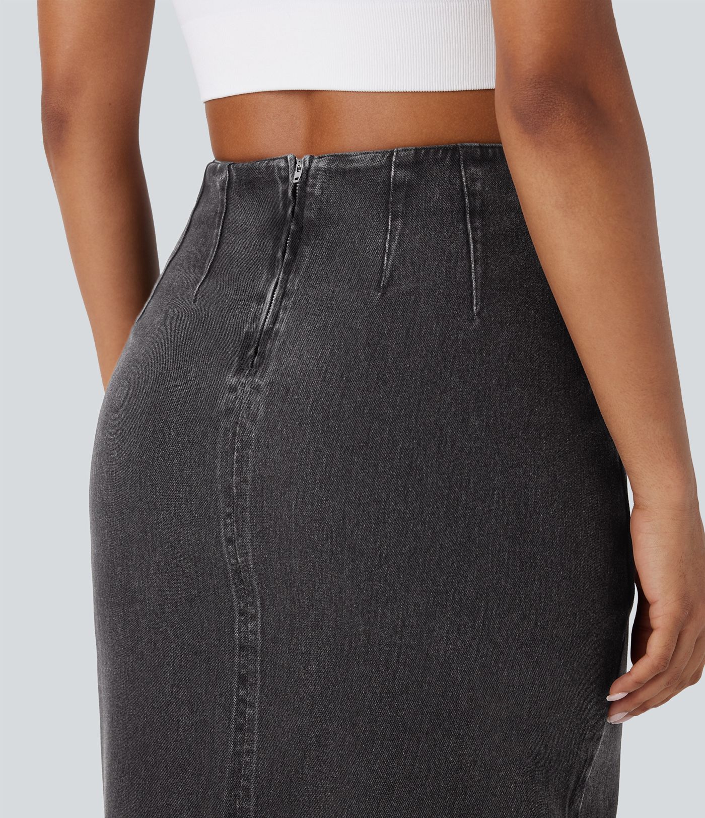 Halara Flex™ High Waisted Back Zipper Ruched Tulip Hem Washed Denim Women Smart Casual Midi Skirt