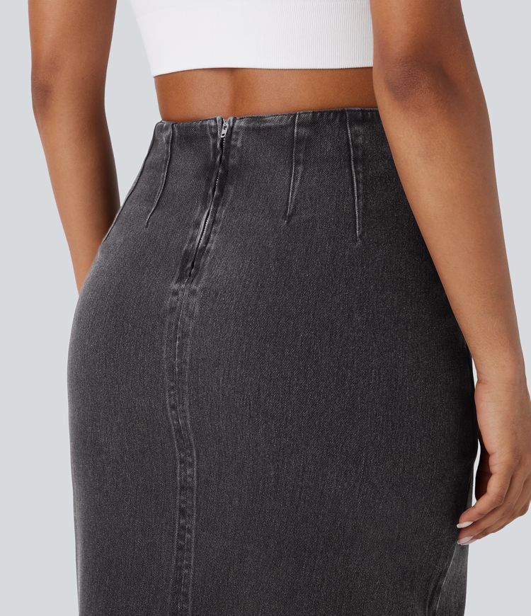 Halara Flex™ High Waisted Back Zipper Ruched Tulip Hem Midi Washed Denim Casual Skirt